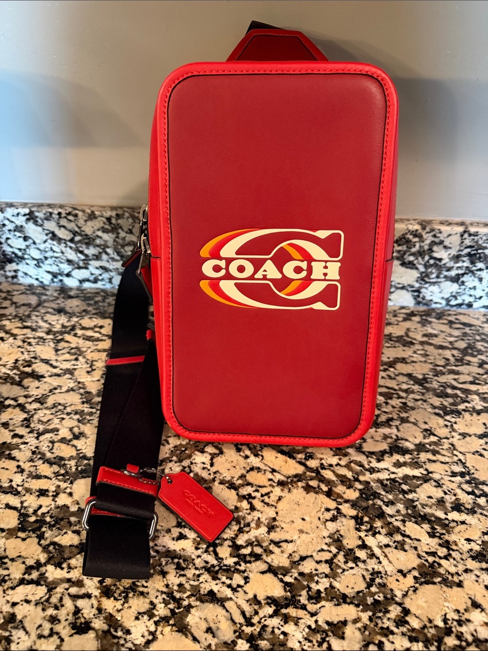 Coach Red Leather Sullivan Logo Sling Bag with Black Strap